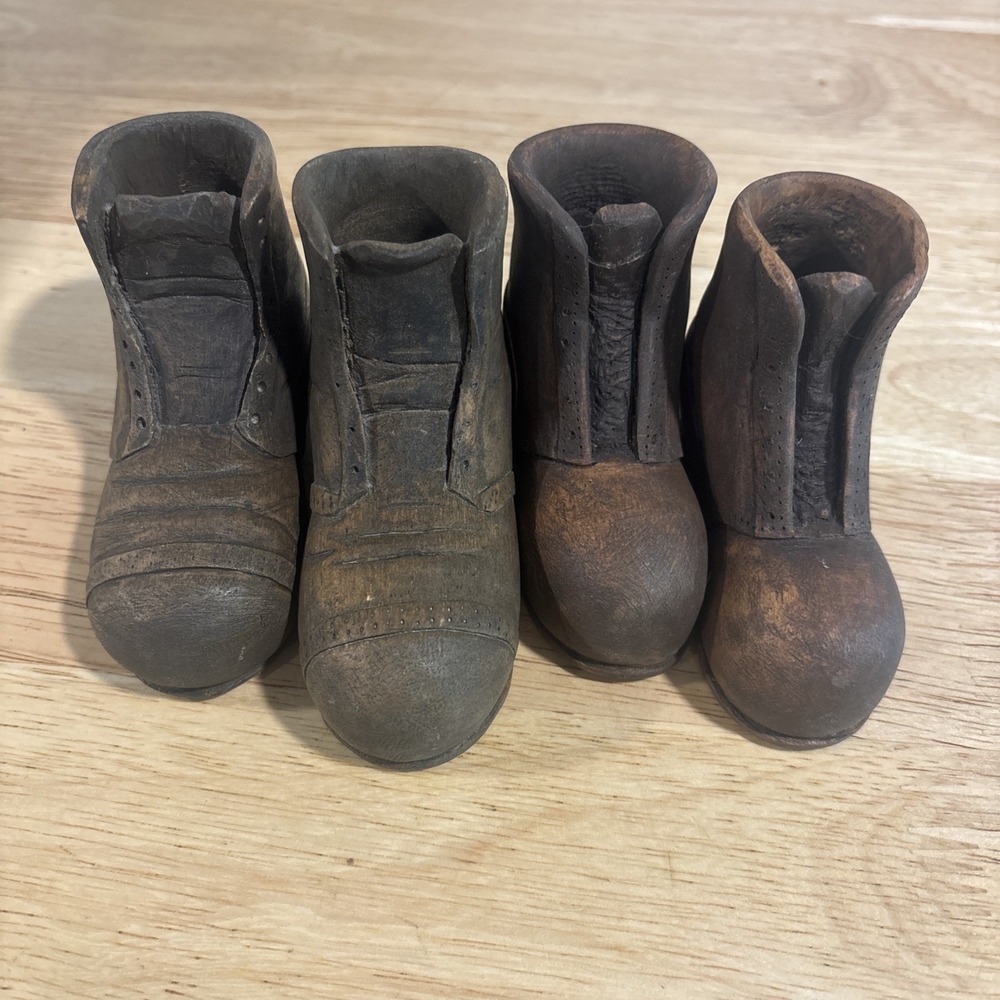 Vintage Handmade Wood Carved Miniature Work Boots, Lot of 2, RARE